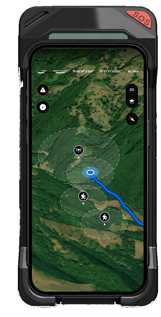 OA app showing nearby hikers connected through the LoRa mesh network