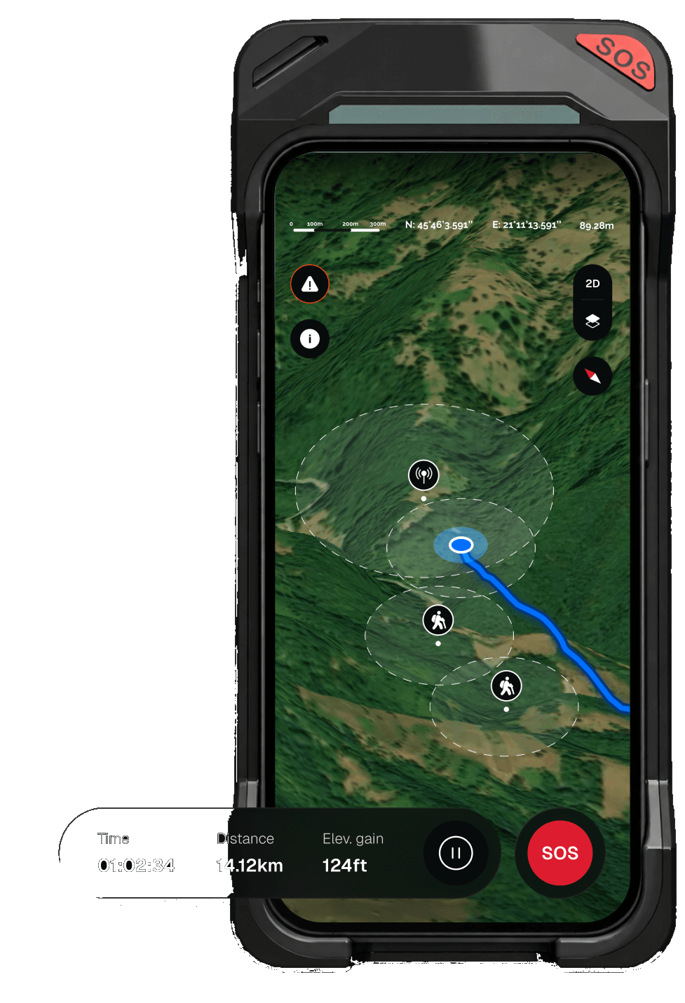 OA app showing nearby hikers connected through the LoRa mesh network