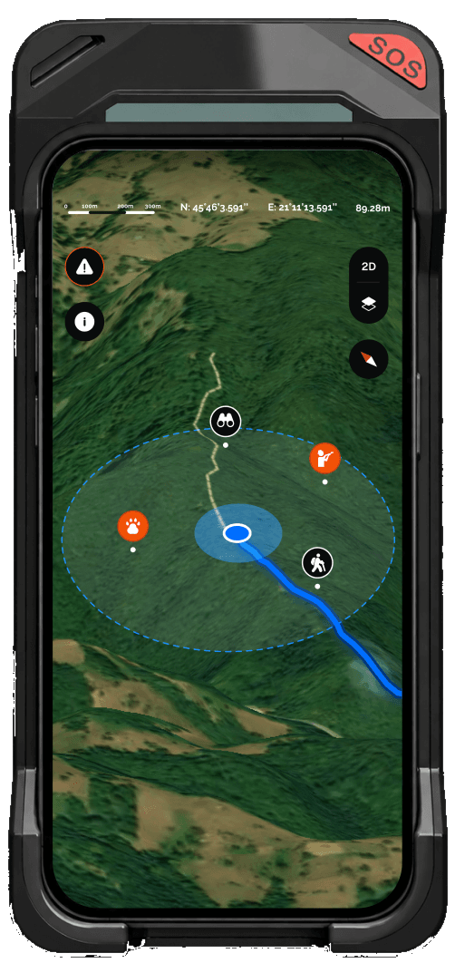 Off-line trail map in the OA app, satellite connected
