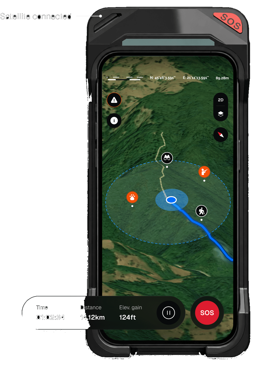 Off-line trail map in the OA app, satellite connected, with the activity monitor