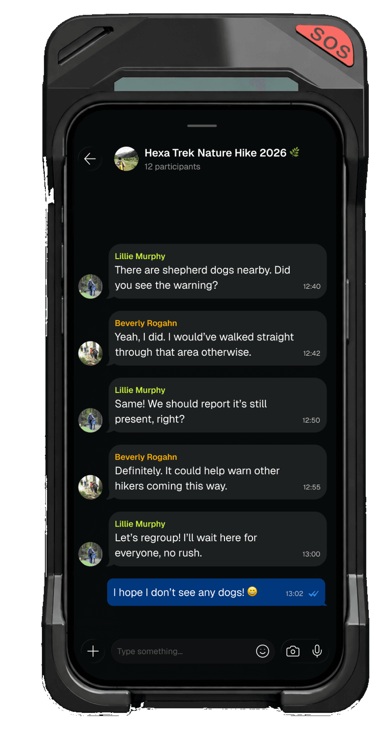 Group chat of a hike in the OA app