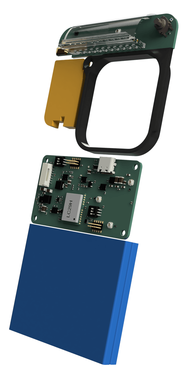 Exploded view of the Zorya beacon: LED bar, SOS button, NTN antenna, main board and battery