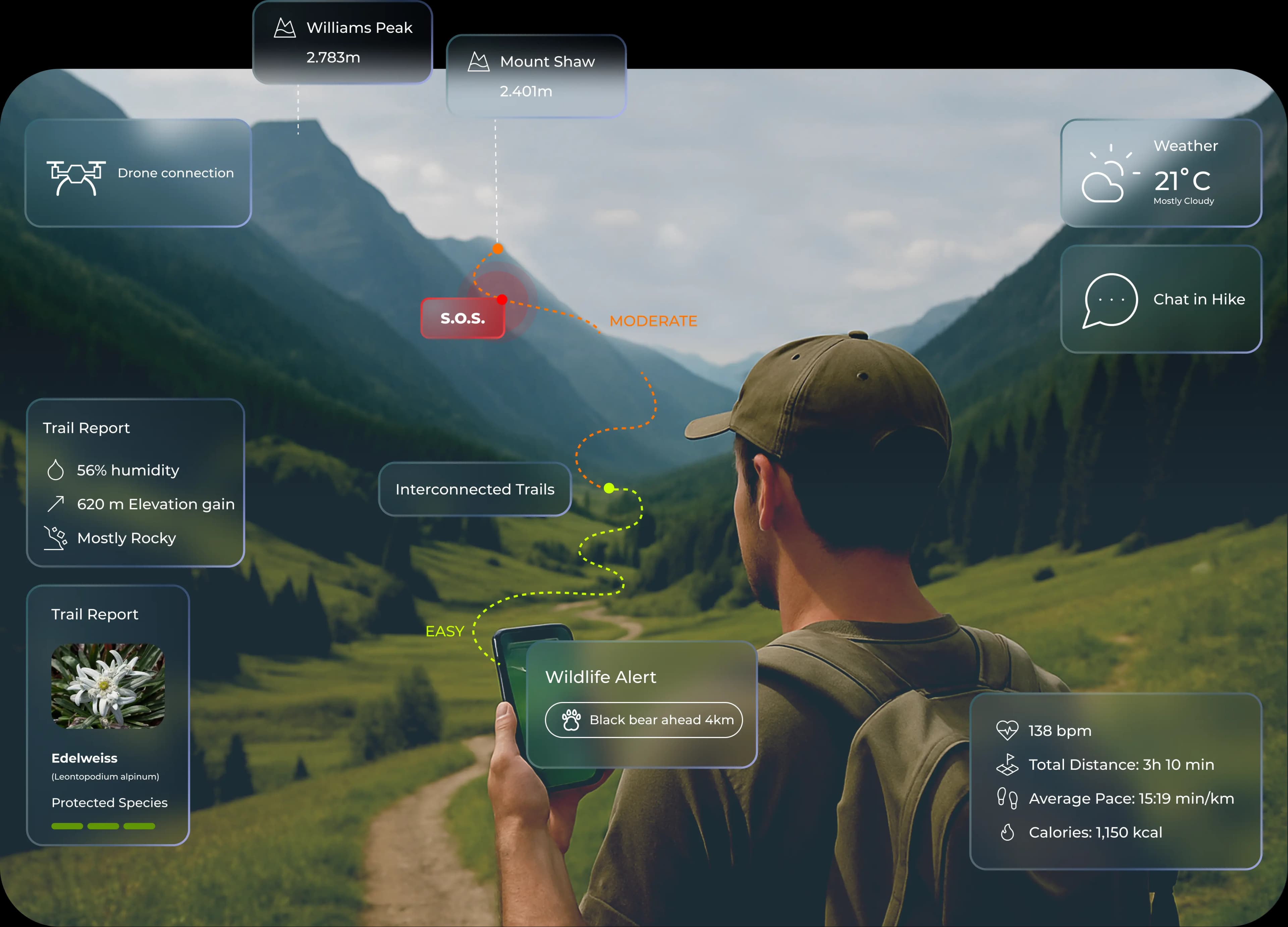 Mountain hiking trail with AR overlays