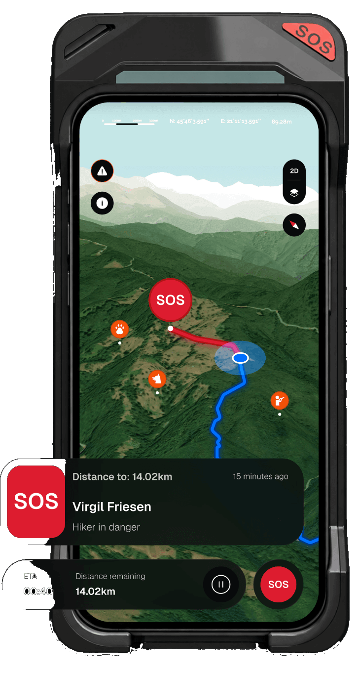 OA app in the Zorya case: an SOS alert from a hiker in danger, 14 km away, shown on the 3D trail map